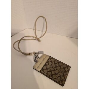Coach Gold Logo Print Leather Canvas Women's ID Holder Lanyard Document Case
